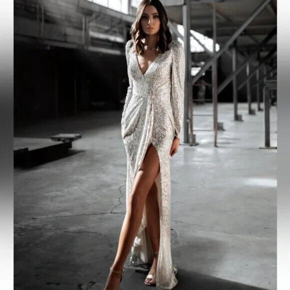 IEENA Mac Duggal Dress 26395 Long Sleeve Sequin Wrap V Neck Gown - Picture 3 of 16